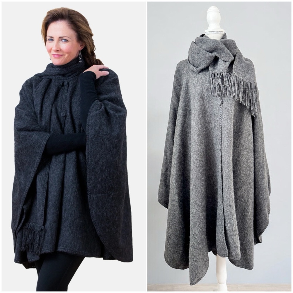 ML Kessler Handmade 100 % Alpaca Wool Poncho Cape with Attached Fringed Scarf OS